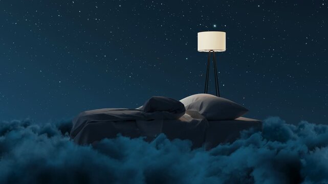 Cozy Flying Bed over Fluffy Clouds Illuminated by Lamp 