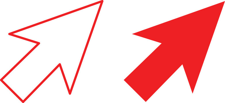 A pair of red computer mouse cursor arrow one in outline style and one in solid fill style, isolated on a white background, for web