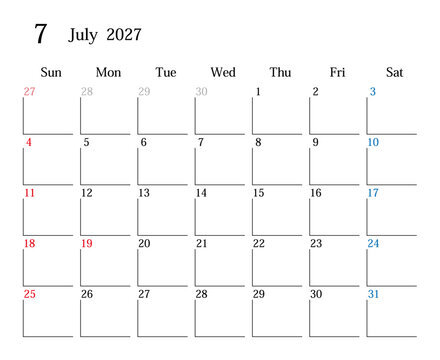 2027年7月、日本のカレンダー