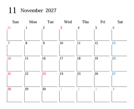 2027年11月、日本のカレンダー