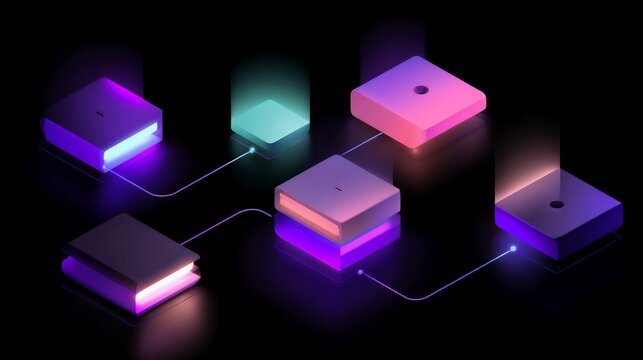 Isometric glowing books and connected square nodes symbolizing digital library, online education, and e-learning network concept.
