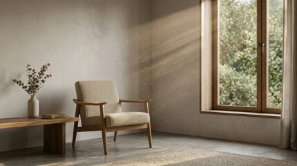 Fototapeta premium Sunlight streaming through window illuminating cozy minimalist living room with dust particles