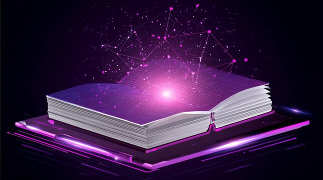 Futuristic open book with glowing pink digital grid and network particles symbolizing online knowledge sharing and advanced edtech.