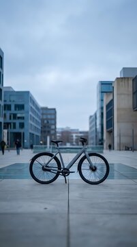 Modern fixed-gear bicycle parked on urban plaza with contemporary architecture and blurred pedestrians in background. Suitable for cycling, transportation, and city lifestyle content.