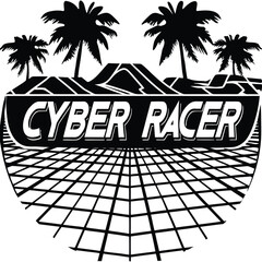 Obraz premium Cyber racer retro synthwave racing concept racing neon grid pattern palm trees black and white