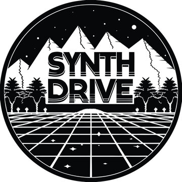 Vintage synthwave road trip with mountain skyline retro futuristic circular mountain range night sky