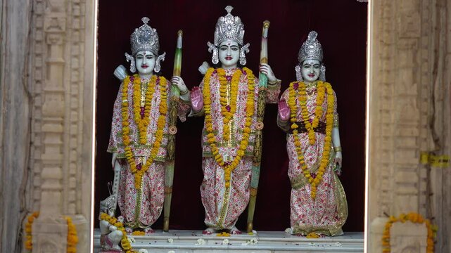 Lord Rama Sita and Lakshmana Idols Displayed in Traditional Hindu Temple