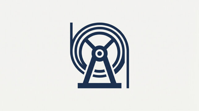 Industrial hose reel icon with cable spool line art vector illustration.