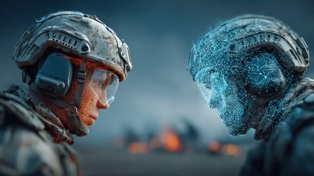 A soldier in tactical gear faces a digital representation of themselves. ..Created with Generative AI, not depicting real subjects.