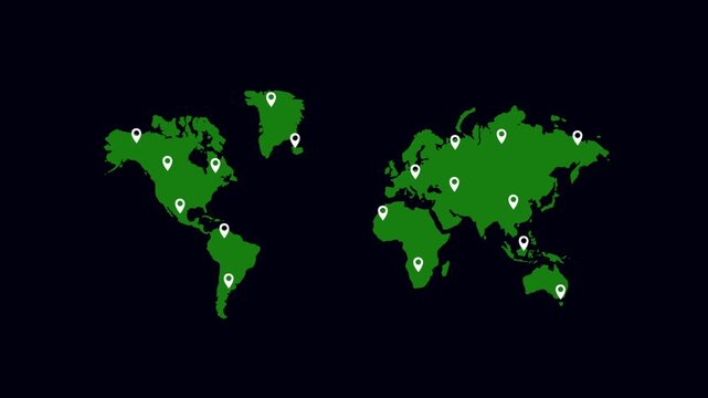 A green world map with numerous white location pins indicating global presence or network points on a dark background, representing international reach.