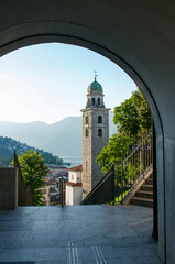 Fototapeta premium San Lorenzo Cathedral framed by pedestrian underpass tunnel in Lugano