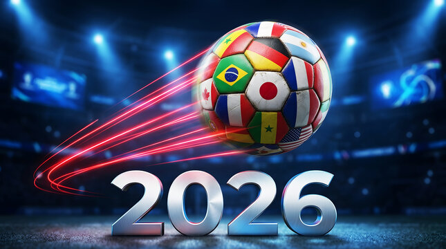 2026 International Football Championship Concept with Global Flags Soccer Ball Dynamic Motion Trail Modern Stadium Sports Background