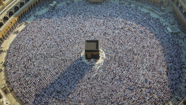 Aerial view of thousands of pilgrims circling the holy kaaba in mecca during the annual islamic hajj pilgrimage