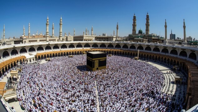 Aerial view of thousands of pilgrims performing hajj around the kaaba at the grand mosque in mecca saudi arabia