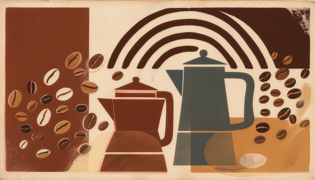 Retro coffee illustration with moka pots abstract shapes and flying coffee beans pattern