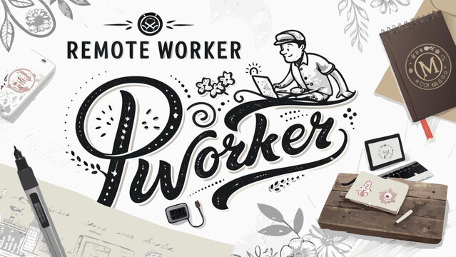 Hand-drawn remote work with calligraphy fonts remote worker vintage office setup typography