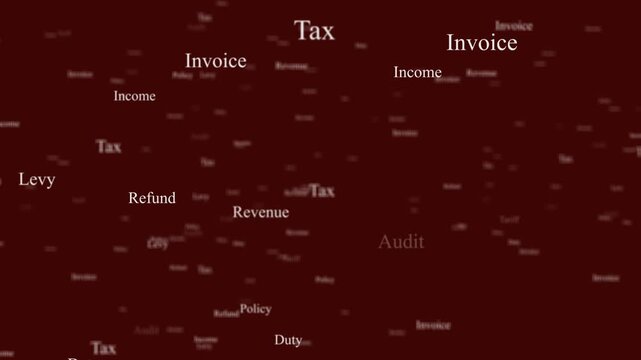 Corporate Financial Tax and Audit Word Cloud Background with Scattered Typography Including Invoice, Levy, Revenue, Income, Refund, Duty, Policy and Finance Concepts on Dark Red Texture
