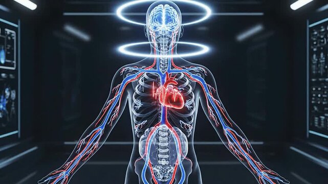 Futuristic 4K Body Scan Focusing on Nervous and Vascular Systems in Transparent Human Anatomy Visualizing Heart and Health Technology