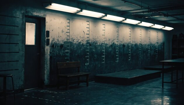 A dimly lit police identification room featuring a worn concrete wall marked with faded measurement lines, a scuffed height chart backdrop stained from years of use, and a row of stark overhead lights