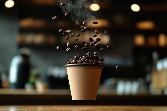 Steaming Cup With Falling Beans, Baristainspired Motion Capture Showing Suspended Coffee Beans Cascading Into Paper Cup Over Wooden Counter, Warm Bokeh Lights, Visible Aroma And Steam,
