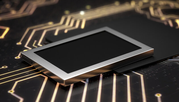 Illustration Minimalist hardware cryptocurrency wallet device placed on an abstract glowing electronic circuit board
