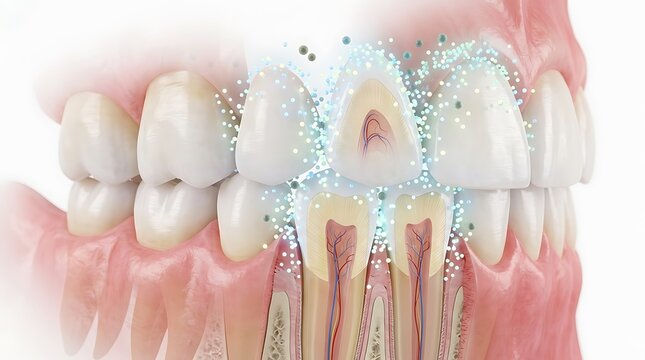 Teeth anatomy illustration displays the internal structure of human incisors with glowing particles representing restorative treatment or dental hygiene processes for educational health purposes.