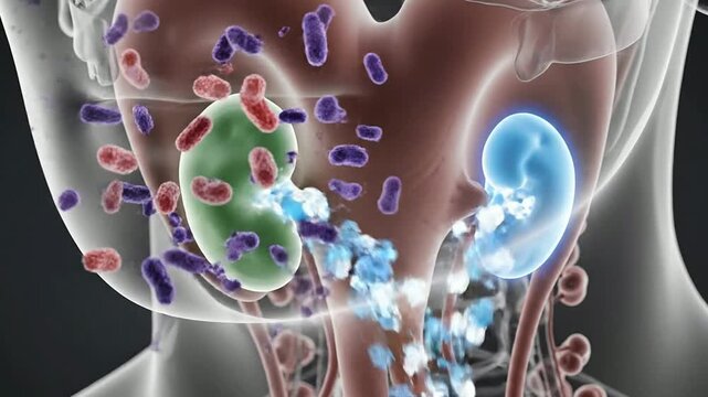 Lymphatic Defense Concept Illustration Showcasing Tonsils, Immune Cells, and Kidney Function in Human Anatomy for Medical Education and Healthcare Visualization