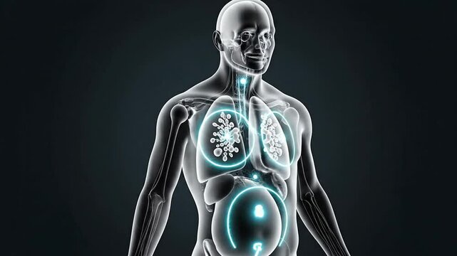 Lymphoma Screening Concept With Transparent Human Body Model Highlighting Affected Areas Against Dark Background
