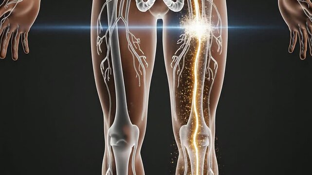 Lymphatic Flow In The Legs: Conceptual Visualization Of Transparent Lower Body Anatomy With Dynamic Signaling And Modern Medical Background