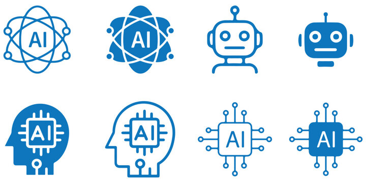 AI Agent and Machine Learning solid icon set. Includes symbols for Chatbot, Deep Learning, Voice Bot, AI Vision, and NLP System. Solid vector icons for artificial intelligence and virtual assistance. 