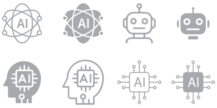 AI Agent and Machine Learning solid icon set. Includes symbols for Chatbot, Deep Learning, Voice Bot, AI Vision, and NLP System. Solid vector icons for artificial intelligence and virtual assistance. 