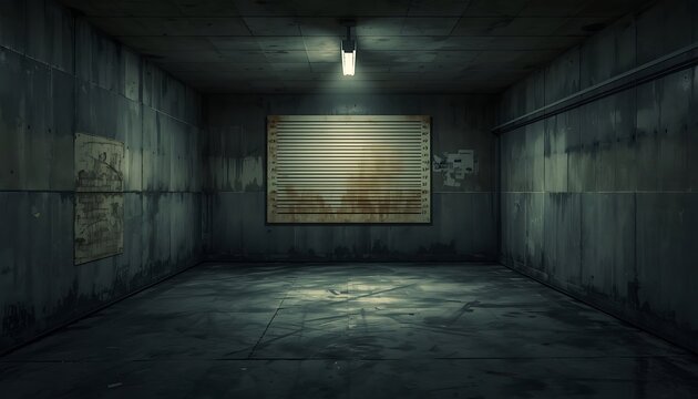 A dimly lit police identification room featuring a worn concrete wall marked with faded measurement lines, a scuffed height chart backdrop stained from years of use, and a row of stark overhead lights