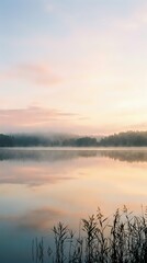 Obraz premium Serene lake at sunrise with misty forest reflection, calm water surface, and reeds in foreground. Peaceful nature landscape for meditation and wellness projects.