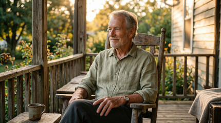 Fototapeta premium Senior man relaxing in a rocking chair on a rustic porch at sunset, peaceful retirement lifestyle during golden hour.
