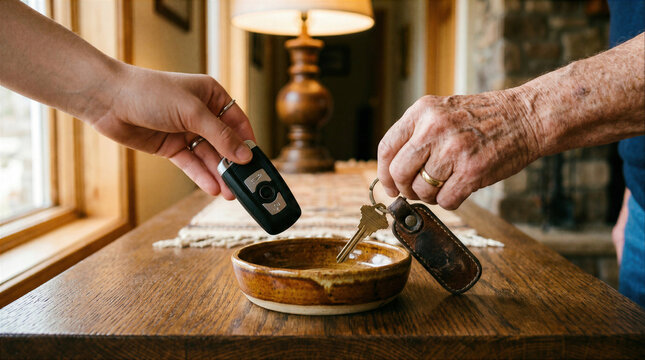 Close-up of hands placing a car key fob and house keys into a ceramic bowl on a wooden entryway table at home