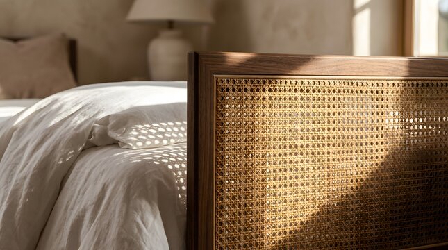 Modern wooden headboard with rattan cane pattern in sunlit bedroom.