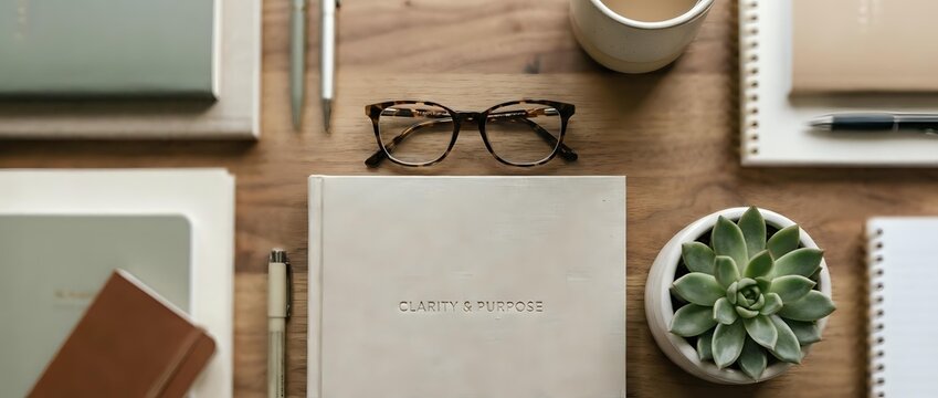 Organized workspace flatlay with eyeglasses, notebook, succulent plant, coffee cup, and stationery on wooden desk for business and productivity themes.