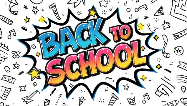 Back to school comic book with gradient text and playful hand drawn doodle pattern background
