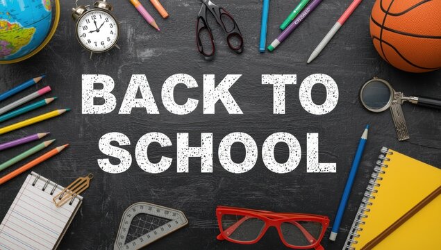 Back to school concept with stationery supplies, globe, and basketball on a dark chalkboard background, view shot