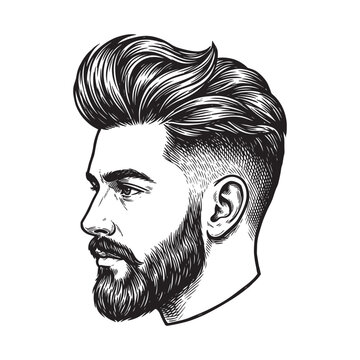 Vector illustration of a stylish man with a modern pompadour hairstyle and a wellgroomed beard, isolated on white background