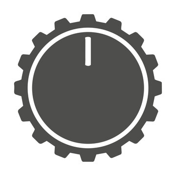 Minimalist industrial rotary control dial knob icon with circular body, bold indicator, and knurled edge isolated on white. User interface element concept