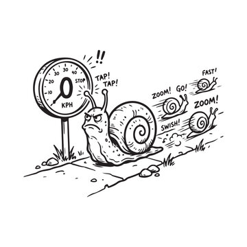 Cartoon snail looking frustrated at a speed limit sign showing 0 kph while other snails zoom past