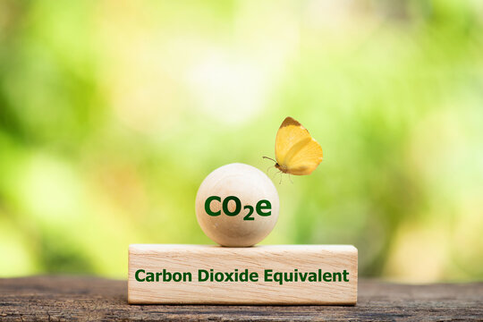 CO2e text on wood and icon on natural background.