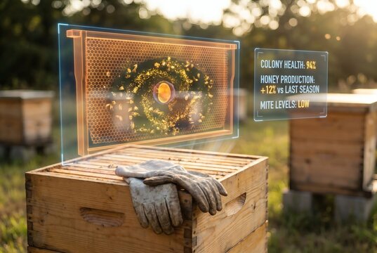 Smart Beekeeping Concept with Holographic Honeycomb Frame and Colony Health Data Display at Golden Hour Apiary