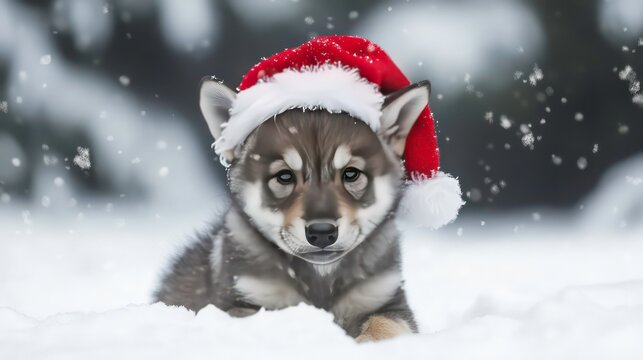 Wolf pup with gray fur wears a festive Santa hat while posing in a snowy winter landscape