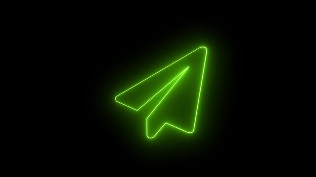 Neon Paper Plane Send Icon on Dark Background. neon paper rocket icon with dark background