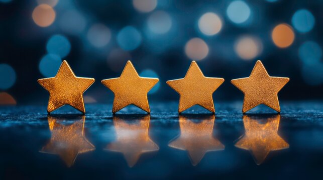 Five gold stars are arranged in a row on a dark blue reflective surface with a blurred background. Concept of a five-star rating or top quality.
