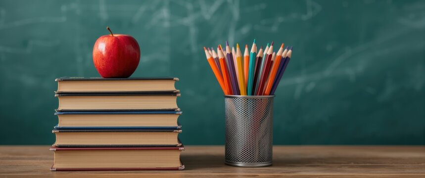 Classic school supplies with red apple on stack of books and colorful pencils in holder against green chalkboard