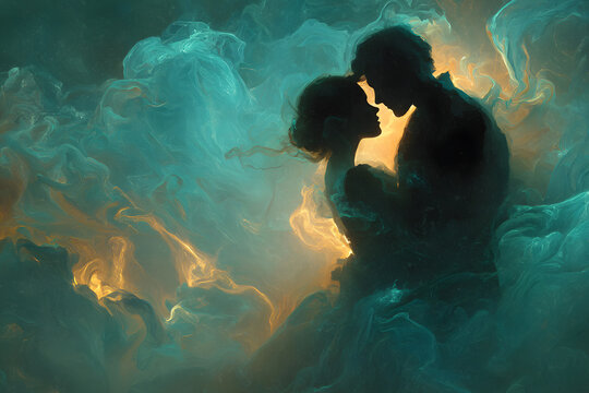 Silhouetted couple embraced by swirling teal and gold smoke, a surreal depiction of love and unity.