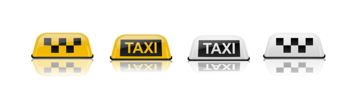 Taxi car roof sign yellow and white with reflection. Realistic illustration isolated on white. Vector